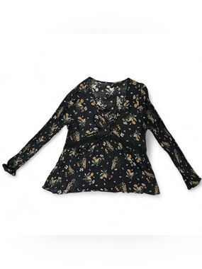 Tilly's Black Floral Wrap-Style Long Sleeve Blouse